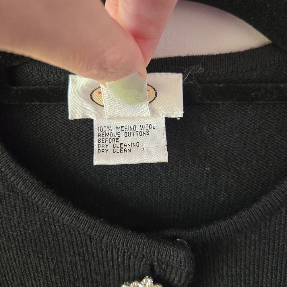 Talbots Black 100% Merino Wool Cardigan with Rhinestone Crystal Buttons - S - Picture 5 of 7